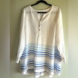 J Jill White and Blue Striped, Linen Tunic, Pleated Back Size M Petite. NWT